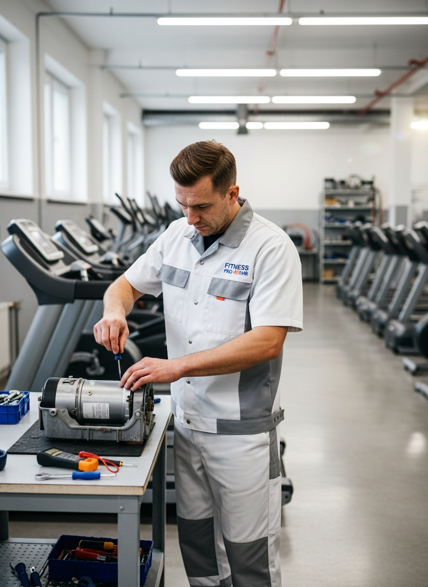 Professional fitness equipment repair technician in a clean uniform servicing a treadmill motor with tools, bright well-lit workshop, white and light grey tones, focused and trustworthy, professional photography