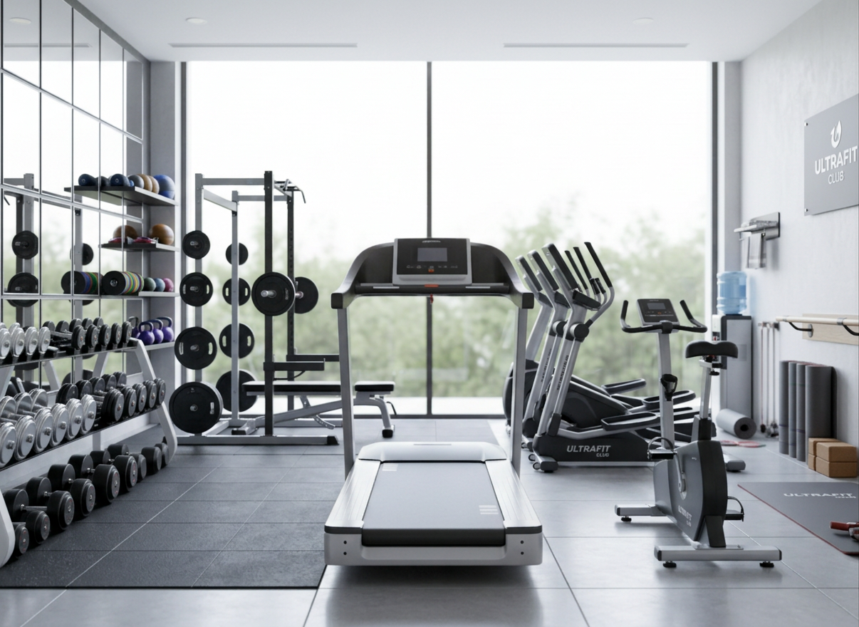 Bright, airy modern home gym interior with a clean treadmill in focus, large windows with soft natural daylight, light grey and white tones, minimal and professional, high-key photography, shallow depth of field