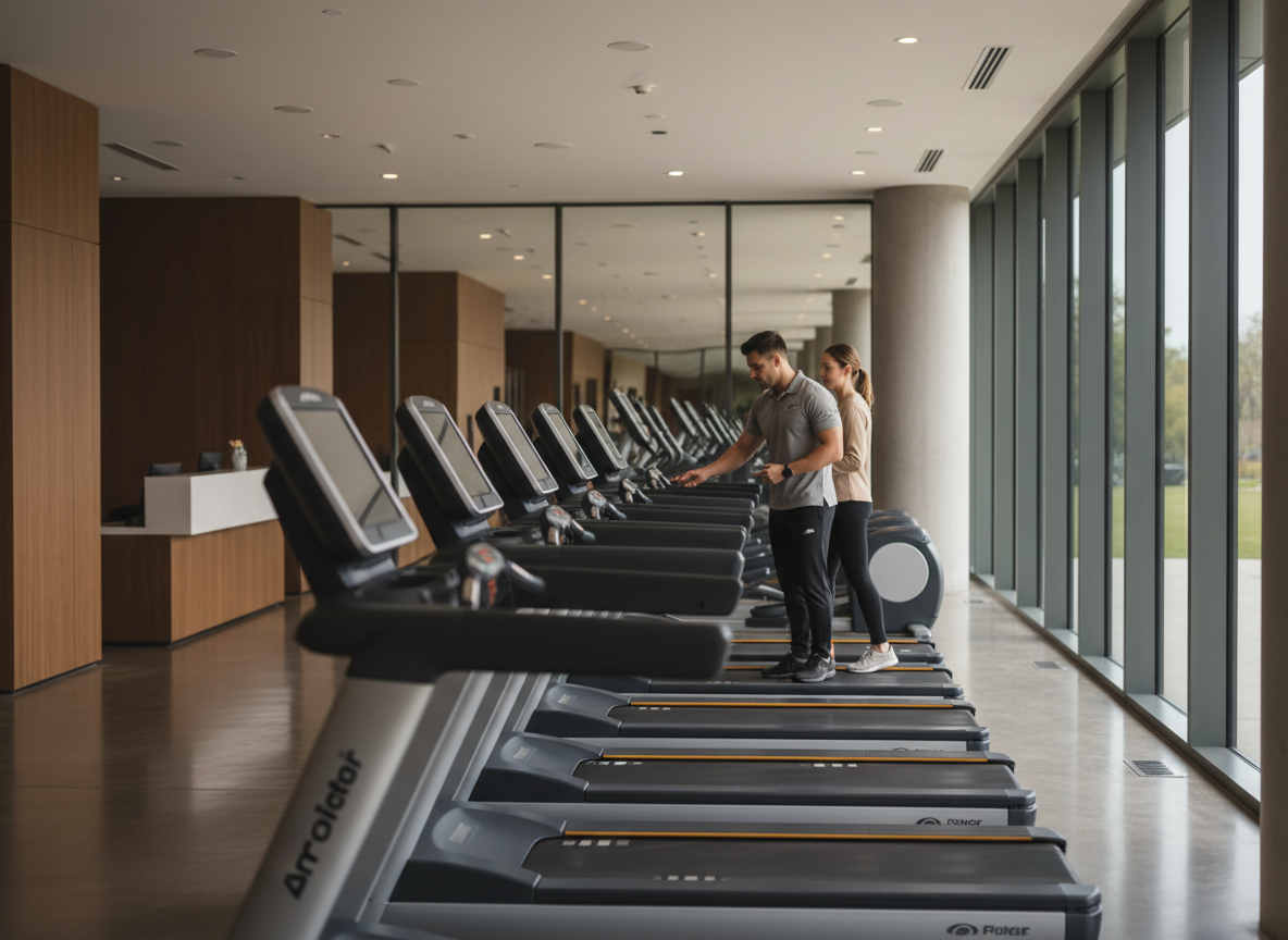 Row of treadmills in a modern, well-maintained gym facility